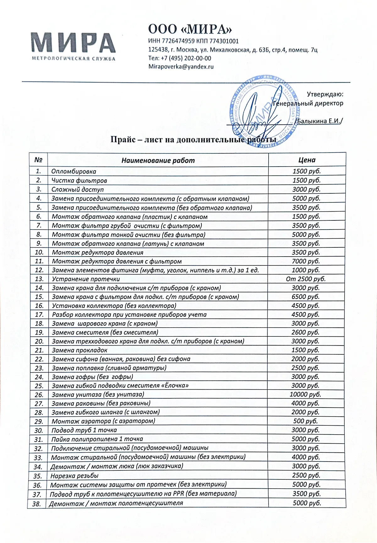 Прайс лист